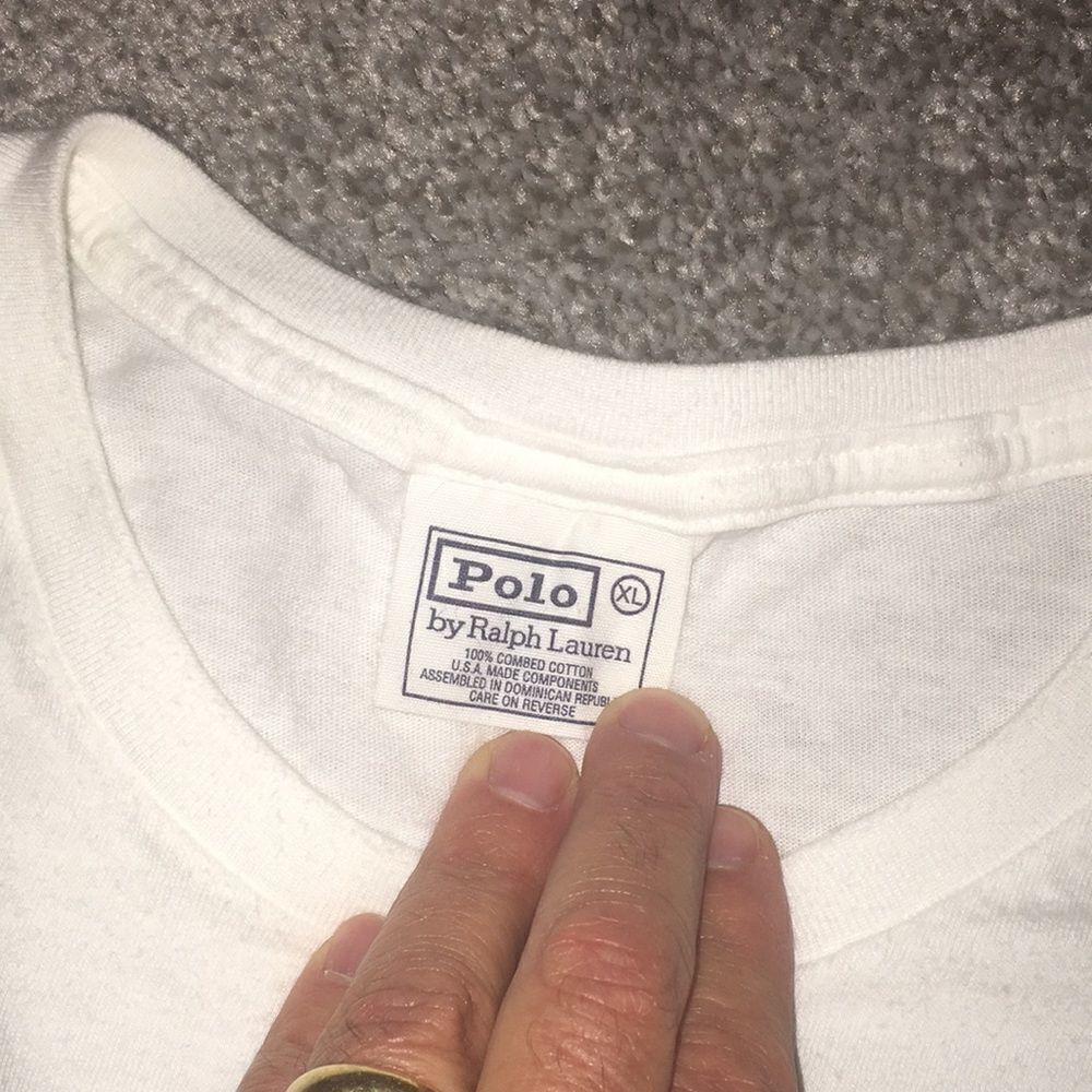 Vintage Polo Ralph Lauren White Crewneck W/collar tag T shirt - blue pony XL